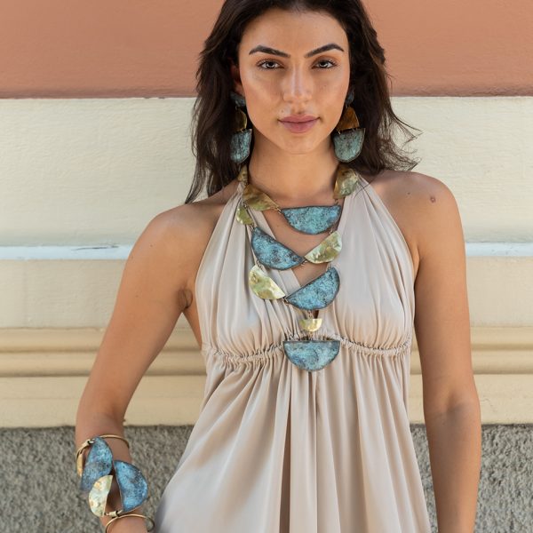 LONG BRASS NECKLACE WITH SEMICIRCLES IN GOLD AND TUQUOISE COLOUR