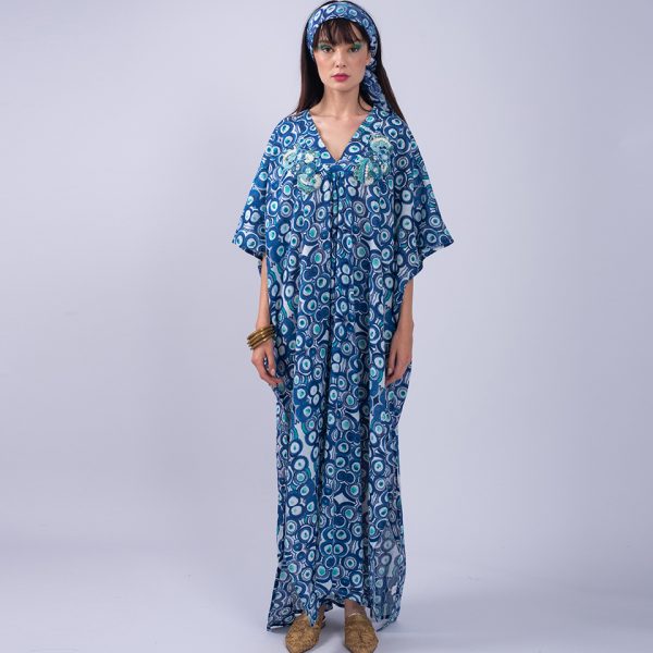 SQUARED KAFTAN WITH PRINT AND BEADINGS